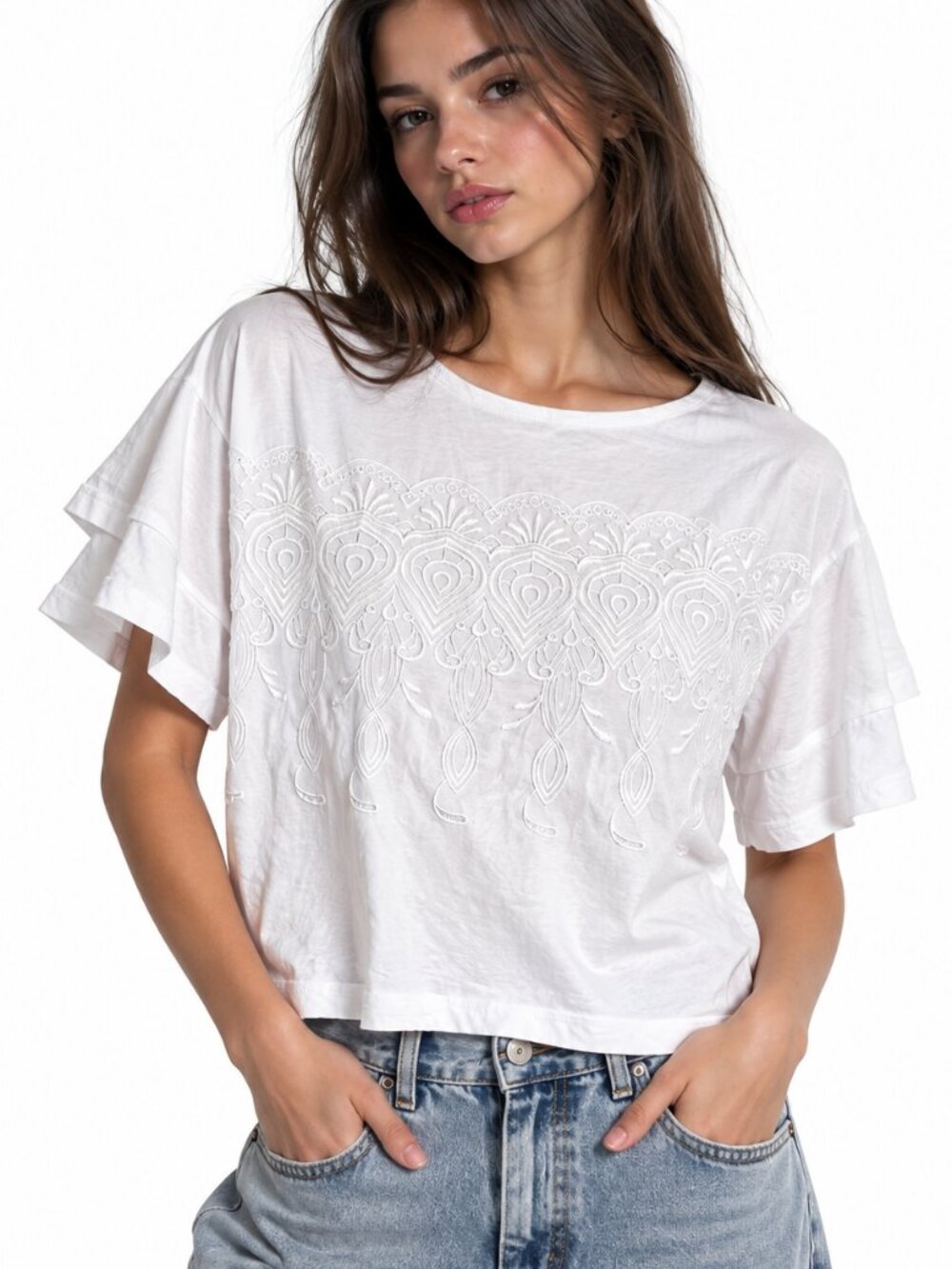 Comme Ça ISM White Embroidered Short Sleeve Top Size 7 Small
